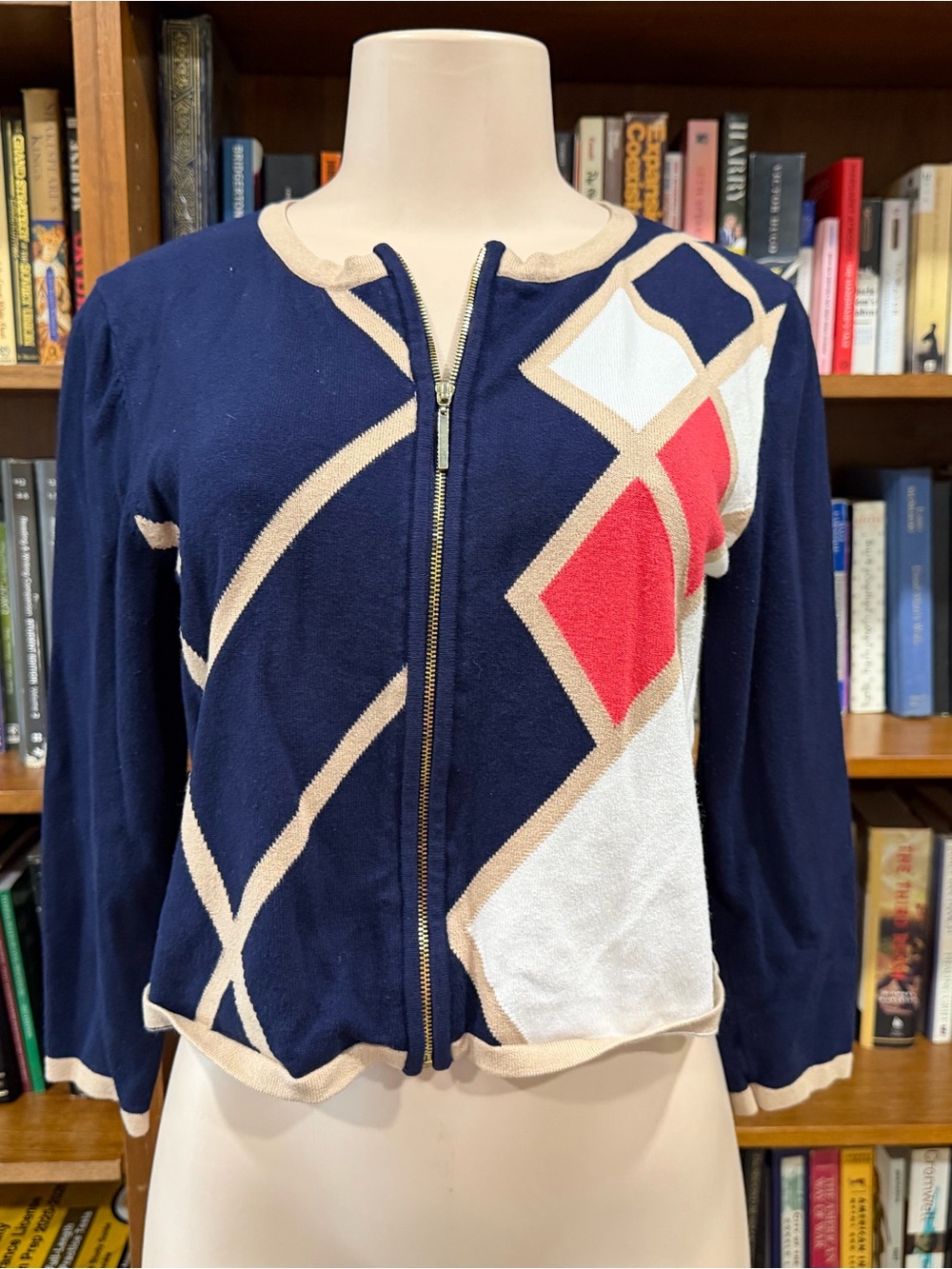 Carmen Marc Valvo Navy Geometric Zip-Front Jacket with Red & White Accents